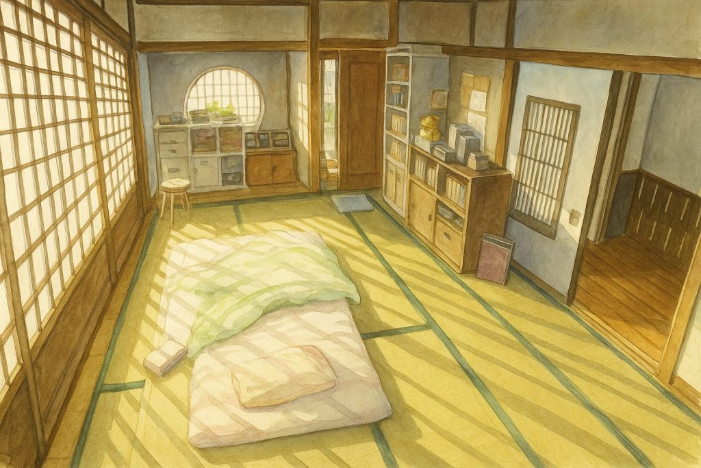 AI生成の和室イラスト|君の名は風水考察より 映画『君の名は。』の和室を再現したAI生成の水彩イラスト。障子から光が差し込む場面。