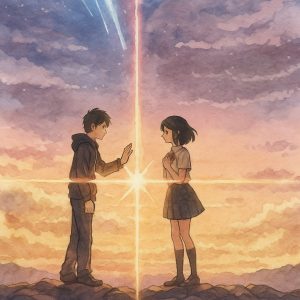 赤い糸でつながれた出会いの場面 – 空を背景に向かい合う二人 男女が向かい合い、互いを見つめる水彩風イラスト。空を背景に赤い糸が二人をつないでいる。