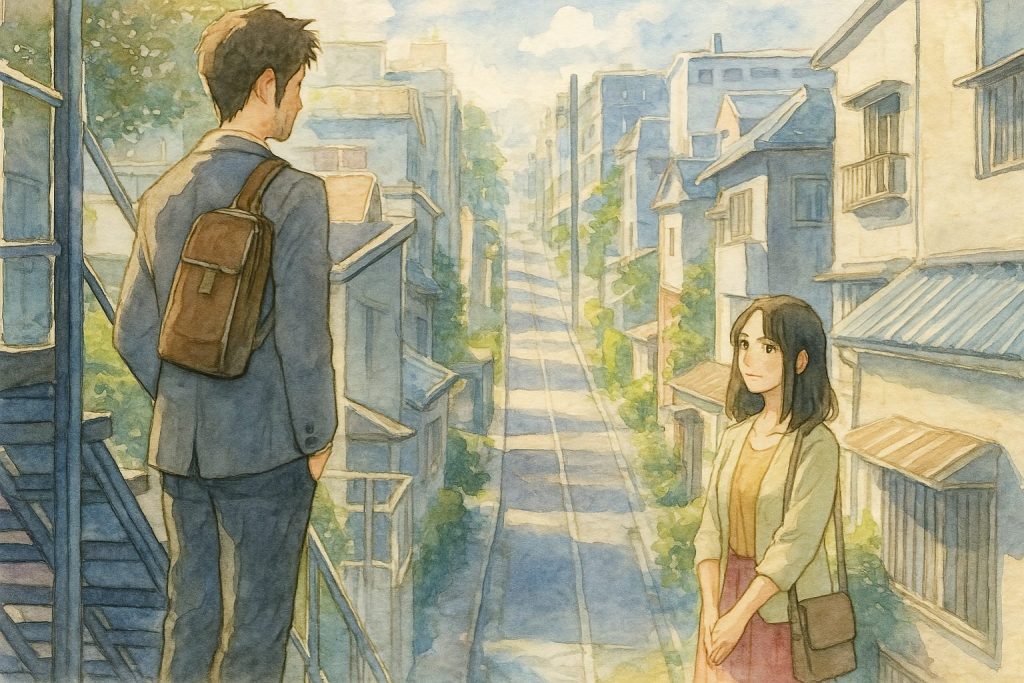 階段で再会する二人 – 時を超えた運命の出会い 都会の階段で再会する男女のシルエット。光と影のバランスが感動の瞬間を彩っている。