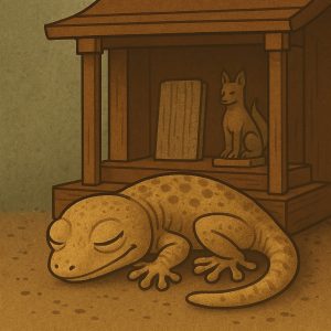 祠の隅に静かに眠る冬眠中のヤモリ。家を守る象徴としてひっそりと氣を宿す。